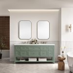 Modern bathroom featuring a Breckenridge 72" Double Bathroom Vanity in Smokey Celadon with White Zeus Top, two rectangular mirrors, rolled white towels on the lower shelf, neutral wall tiles, a potted plant, and contemporary decor.