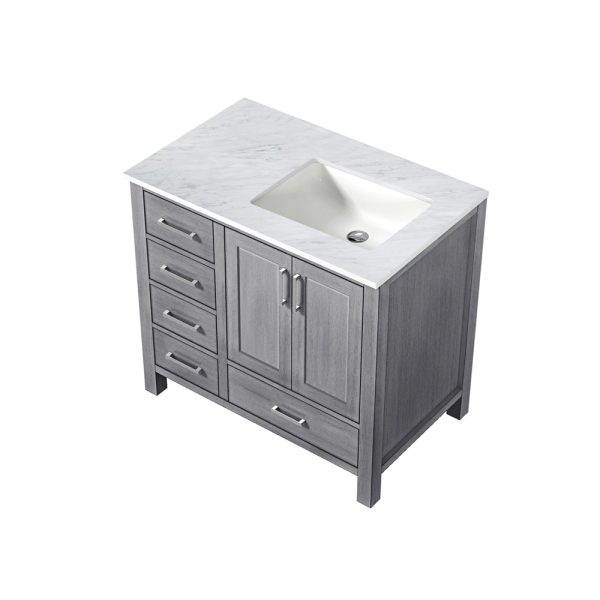 Jacques 36" Distressed Grey Bathroom Vanity With Carrara Marble Top Right