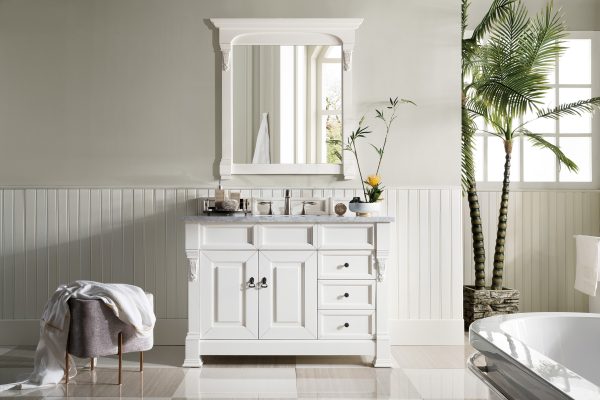 Brookfield 48 inch Bathroom Vanity in Bright White With Carrara Marble Top Top