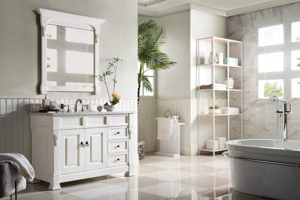 Brookfield 48 inch Bathroom Vanity in Bright White With Carrara Marble Top Top