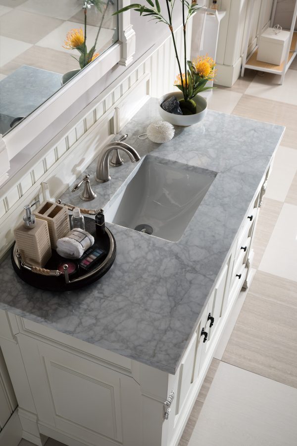 Brookfield 48 inch Bathroom Vanity in Bright White With Carrara Marble Top Top