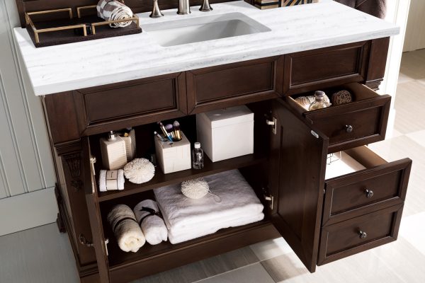 Brookfield 48 inch Bathroom Vanity in Burnished Mahogany With Arctic Fall Quartz Top