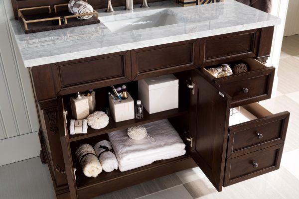 Brookfield 48 inch Bathroom Vanity in Burnished Mahogany With Carrara Marble Top Top