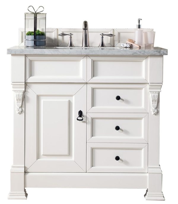 Brookfield 36 inch Bathroom Vanity in Bright White With Carrara Marble Top