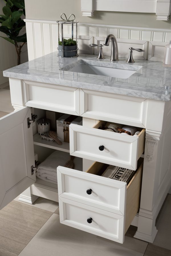 Brookfield 36 inch Bathroom Vanity in Bright White With Carrara Marble Top