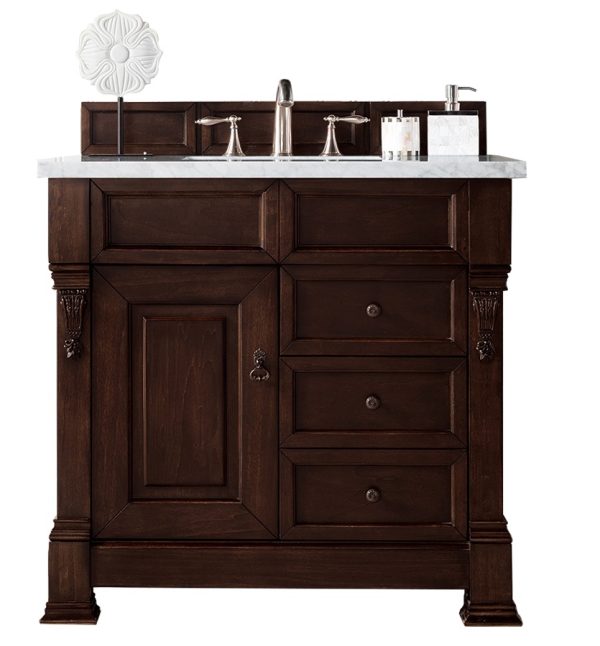 Brookfield 36 inch Bathroom Vanity in Burnished Mahogany With Carrara Marble Top Top