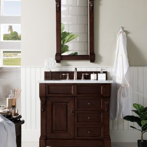 Brookfield 36 inch Bathroom Vanity in Burnished Mahogany With Carrara Marble Top Top