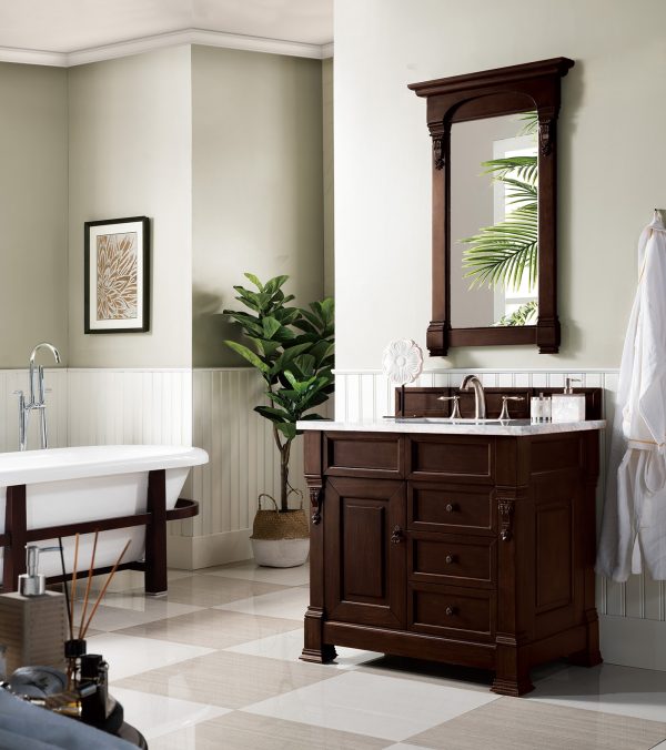 Brookfield 36 inch Bathroom Vanity in Burnished Mahogany With Carrara Marble Top Top