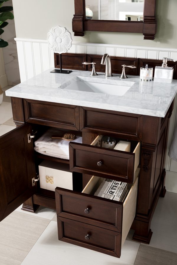 Brookfield 36 inch Bathroom Vanity in Burnished Mahogany With Carrara Marble Top Top