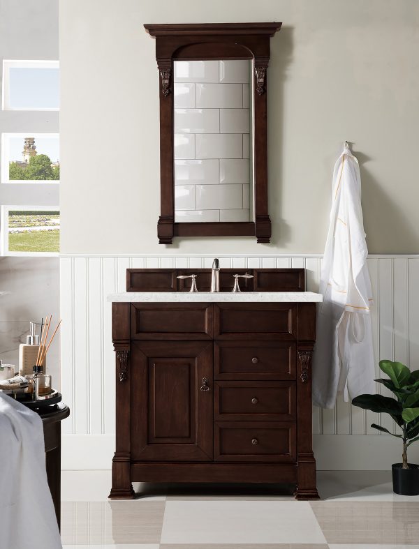 Brookfield 36 inch Bathroom Vanity in Burnished Mahogany With Eternal Jasmine Pearl Quartz Top