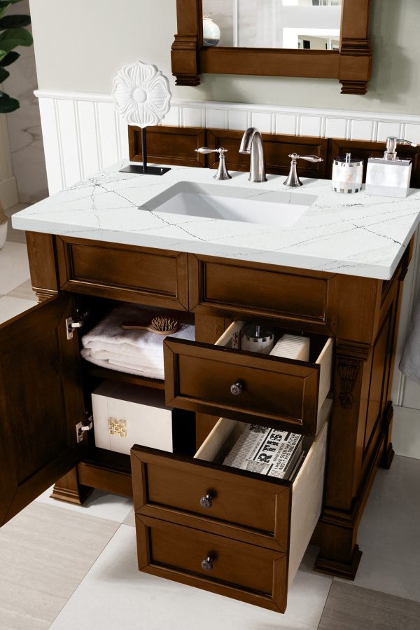 Brookfield 36 inch Bathroom Vanity in Country Oak With Ethereal Noctis Quartz Top