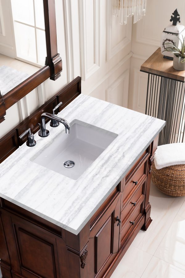 Brookfield 36 inch Bathroom Vanity in Warm Cherry With Arctic Fall Quartz Top