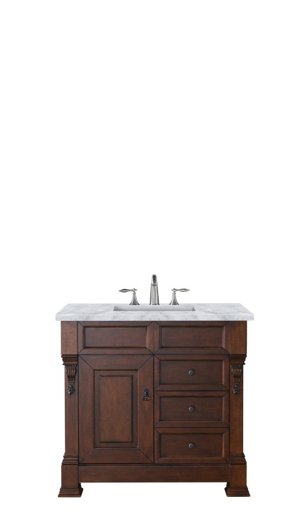 Brookfield 36 inch Bathroom Vanity in Warm Cherry With Carrara Marble Top Top