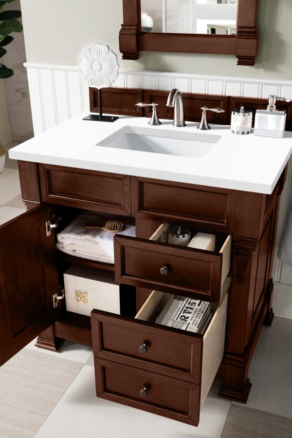 Brookfield 36 inch Bathroom Vanity in Warm Cherry With White Quartz Top