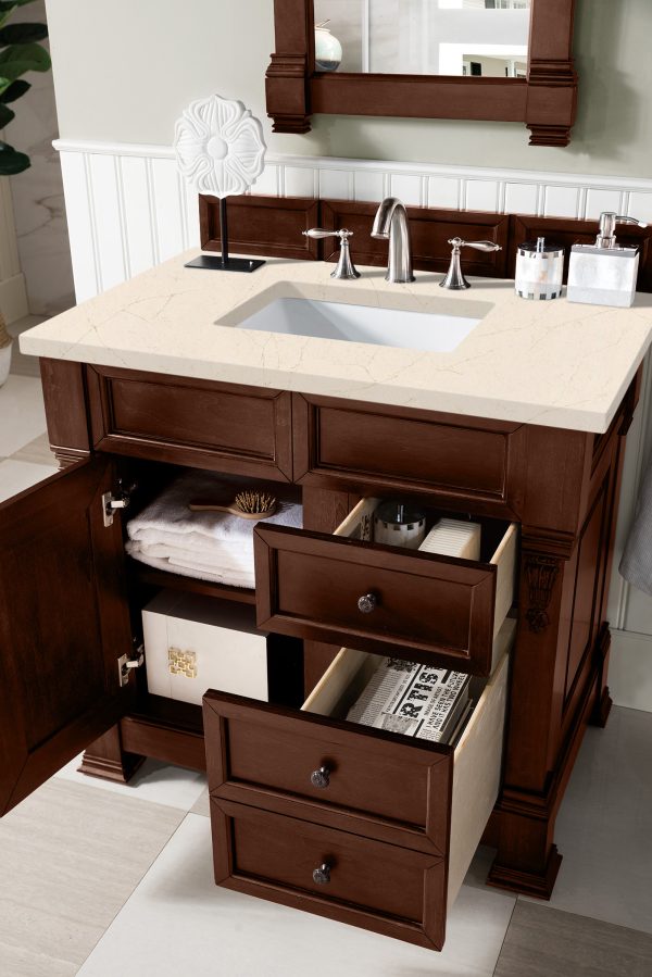 Brookfield 36 inch Bathroom Vanity in Warm Cherry With Eternal Marfil Quartz Top