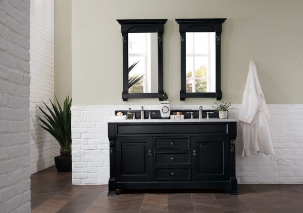 Brookfield 60 inch Double Bathroom Vanity in Antique Black With Carrara Marble Top Top