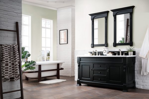 Brookfield 60 inch Double Bathroom Vanity in Antique Black With Carrara Marble Top Top