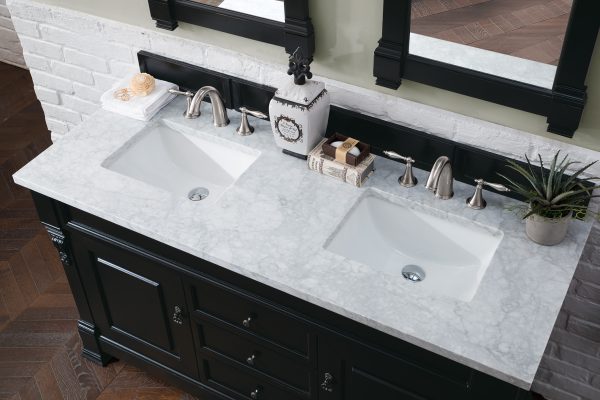 Brookfield 60 inch Double Bathroom Vanity in Antique Black With Carrara Marble Top Top