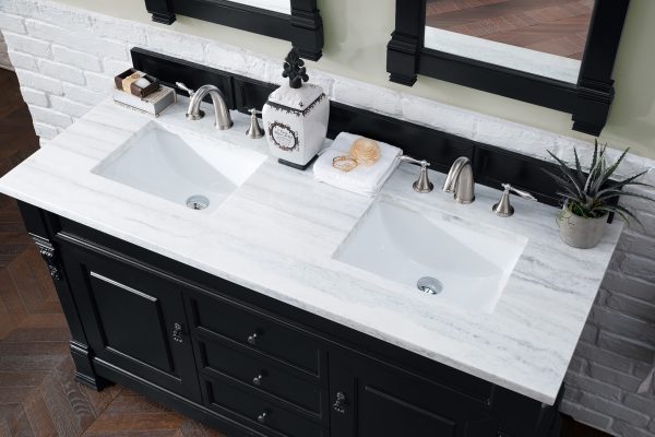 Brookfield 60 inch Double Bathroom Vanity in Antique Black With Arctic Fall Quartz Top