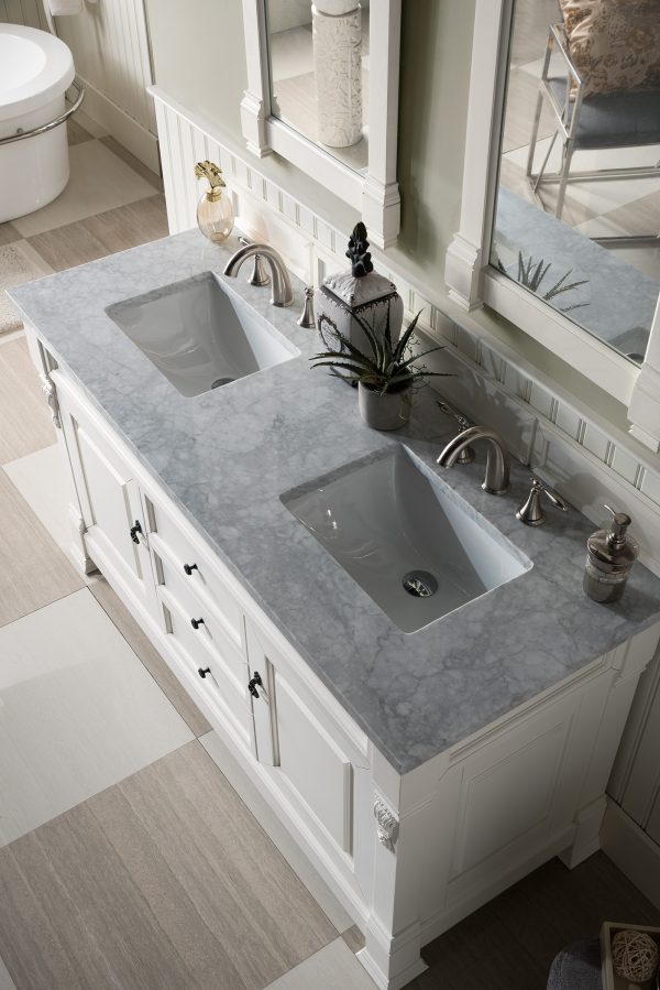 Brookfield 60 inch Double Bathroom Vanity in Bright White With Carrara Marble Top Top