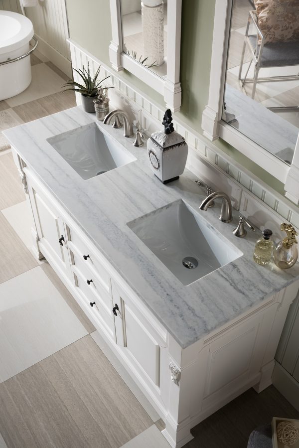 Brookfield 60 inch Double Bathroom Vanity in Bright White With Arctic Fall Quartz Top