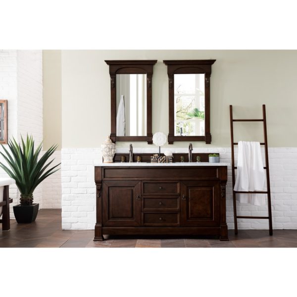 Brookfield 60 inch Double Bathroom Vanity in Burnished Mahogany With Arctic Fall Quartz Top