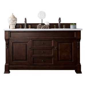 Brookfield 60 inch Double Bathroom Vanity in Burnished Mahogany With Carrara Marble Top Top