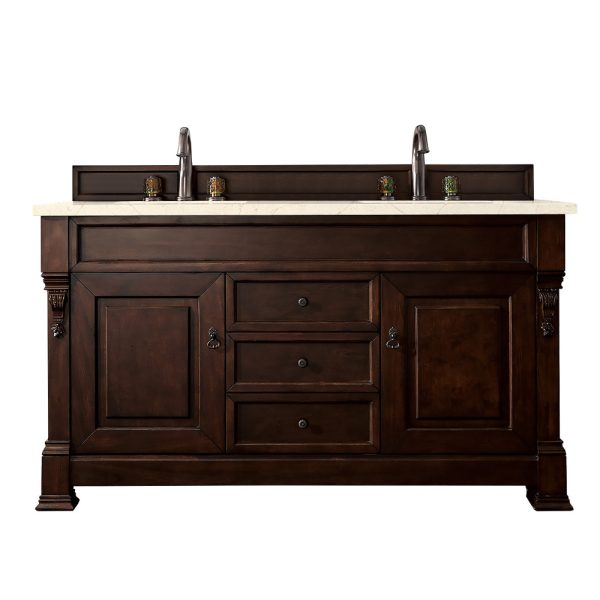 Brookfield 60 inch Double Bathroom Vanity in Burnished Mahogany With Eternal Marfil Quartz Top