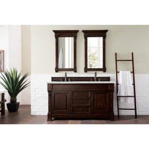 Brookfield 60 inch Double Bathroom Vanity in Burnished Mahogany With Ethereal Noctis Quartz Top