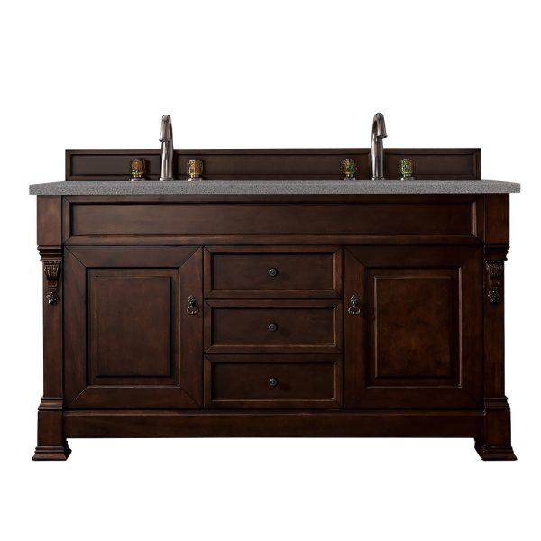 Brookfield 60 inch Double Bathroom Vanity in Burnished Mahogany With Grey Expo Quartz Top