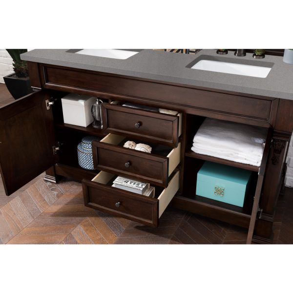 Brookfield 60 inch Double Bathroom Vanity in Burnished Mahogany With Grey Expo Quartz Top