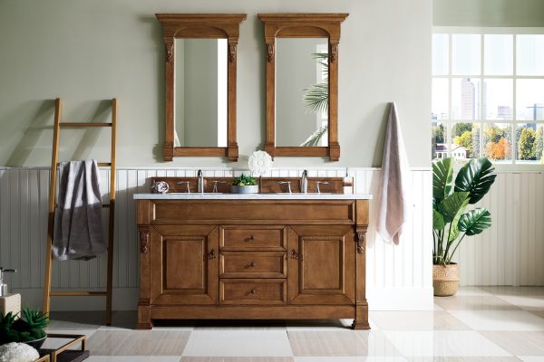 Brookfield 60 inch Double Bathroom Vanity in Country Oak With Eternal Jasmine Pearl Quartz Top