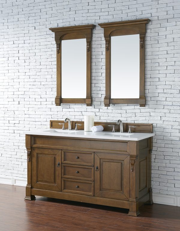 Brookfield 60 inch Double Bathroom Vanity in Country Oak With White Quartz Top