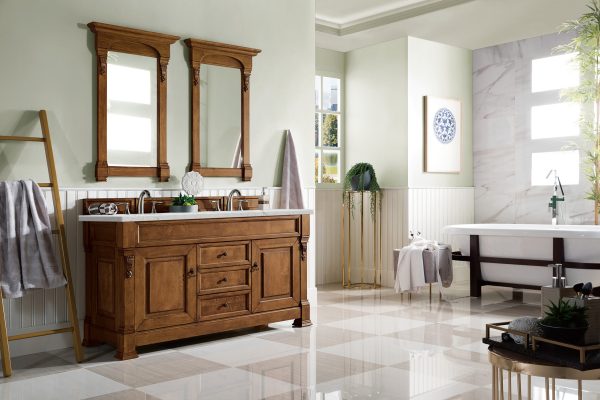 Brookfield 60 inch Double Bathroom Vanity in Country Oak With Eternal Jasmine Pearl Quartz Top