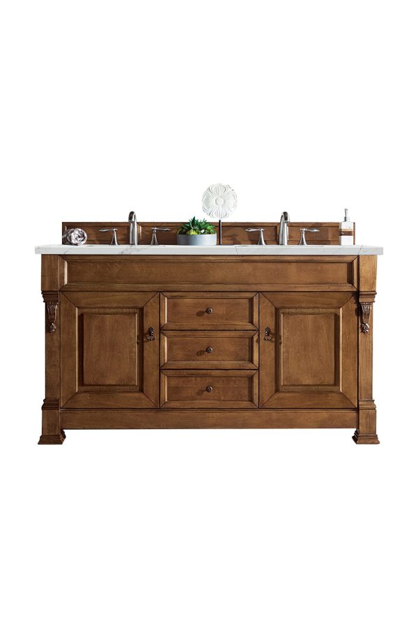 Brookfield 60 inch Double Bathroom Vanity in Country Oak With Ethereal Noctis Quartz Top