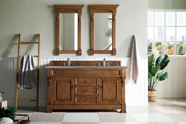 Brookfield 60 inch Double Bathroom Vanity in Country Oak With Grey Expo Quartz Top