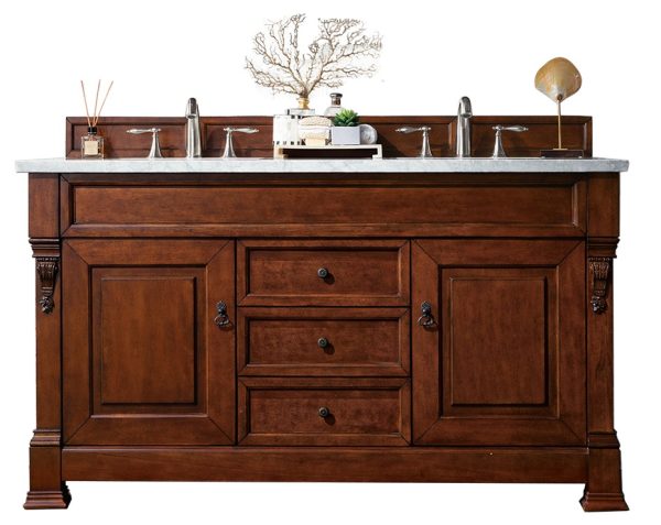 Brookfield 60 inch Double Bathroom Vanity in Warm Cherry With Eternal Jasmine Pearl Quartz Top