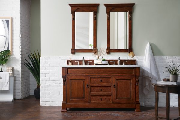 Brookfield 60 inch Double Bathroom Vanity in Warm Cherry With Eternal Jasmine Pearl Quartz Top