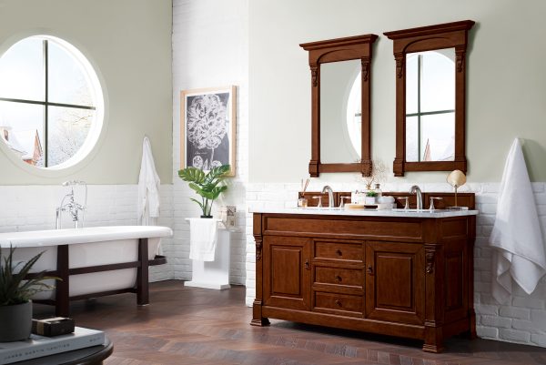 Brookfield 60 inch Double Bathroom Vanity in Warm Cherry With Carrara Marble Top Top