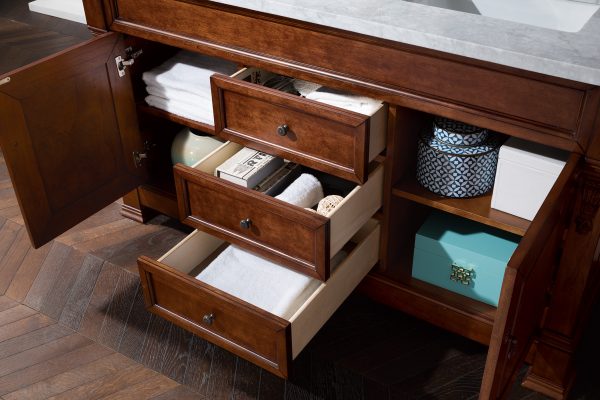 Brookfield 60 inch Double Bathroom Vanity in Warm Cherry With Carrara Marble Top Top