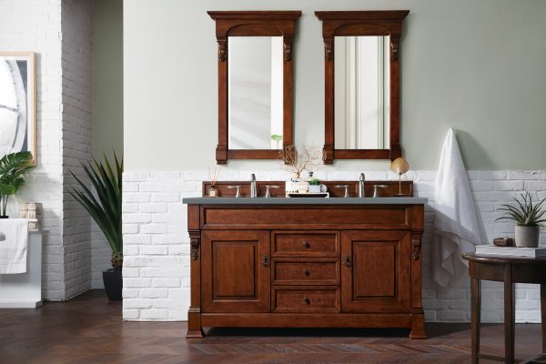 Brookfield 60 inch Double Bathroom Vanity in Warm Cherry With Cala Blue Quartz Top