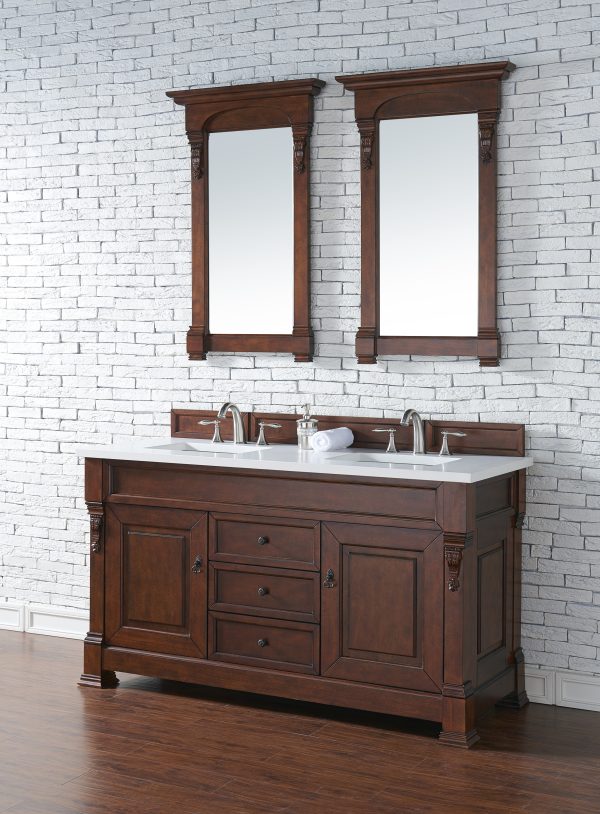 Brookfield 60 inch Double Bathroom Vanity in Warm Cherry With White Quartz Top