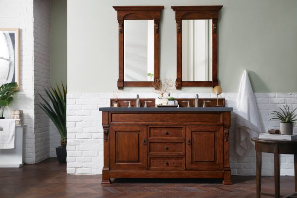 Brookfield 60 inch Double Bathroom Vanity in Warm Cherry With Charcoal Soapstone Quartz Top