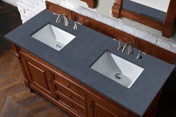 Brookfield 60 inch Double Bathroom Vanity in Warm Cherry With Charcoal Soapstone Quartz Top