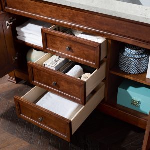 Brookfield 60 inch Double Bathroom Vanity in Warm Cherry With Eternal Jasmine Pearl Quartz Top