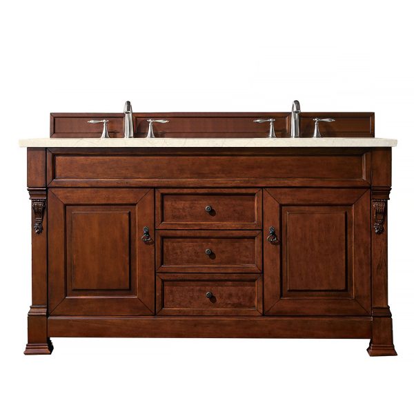 Brookfield 60 inch Double Bathroom Vanity in Warm Cherry With Eternal Marfil Quartz Top