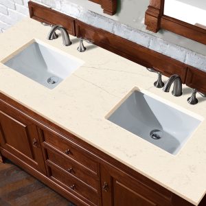 Brookfield 60 inch Double Bathroom Vanity in Warm Cherry With Eternal Marfil Quartz Top