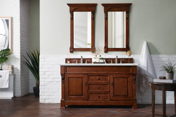 Brookfield 60 inch Double Bathroom Vanity in Warm Cherry With Ethereal Noctis Quartz Top