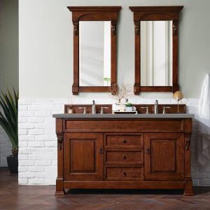Brookfield 60 inch Double Bathroom Vanity in Warm Cherry With Grey Expo Quartz Top