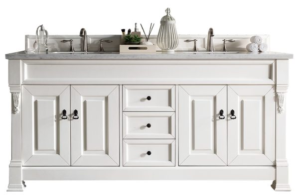 Brookfield 72 inch Double Bathroom Vanity in Bright White With Carrara Marble Top Top